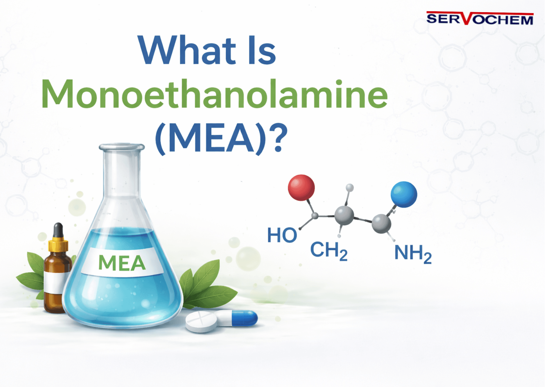 Minimal 16:9 infographic explaining what is Monoethanolamine (MEA), with a lab flask and chemical structure.