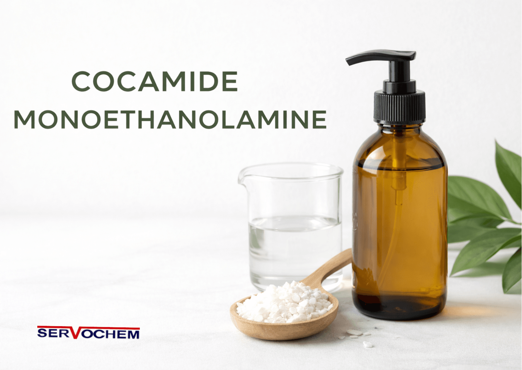 Minimal 16:9 image of Cocamide Monoethanolamine with an amber bottle, lab beaker, white flakes, and green leaves on a clean background.