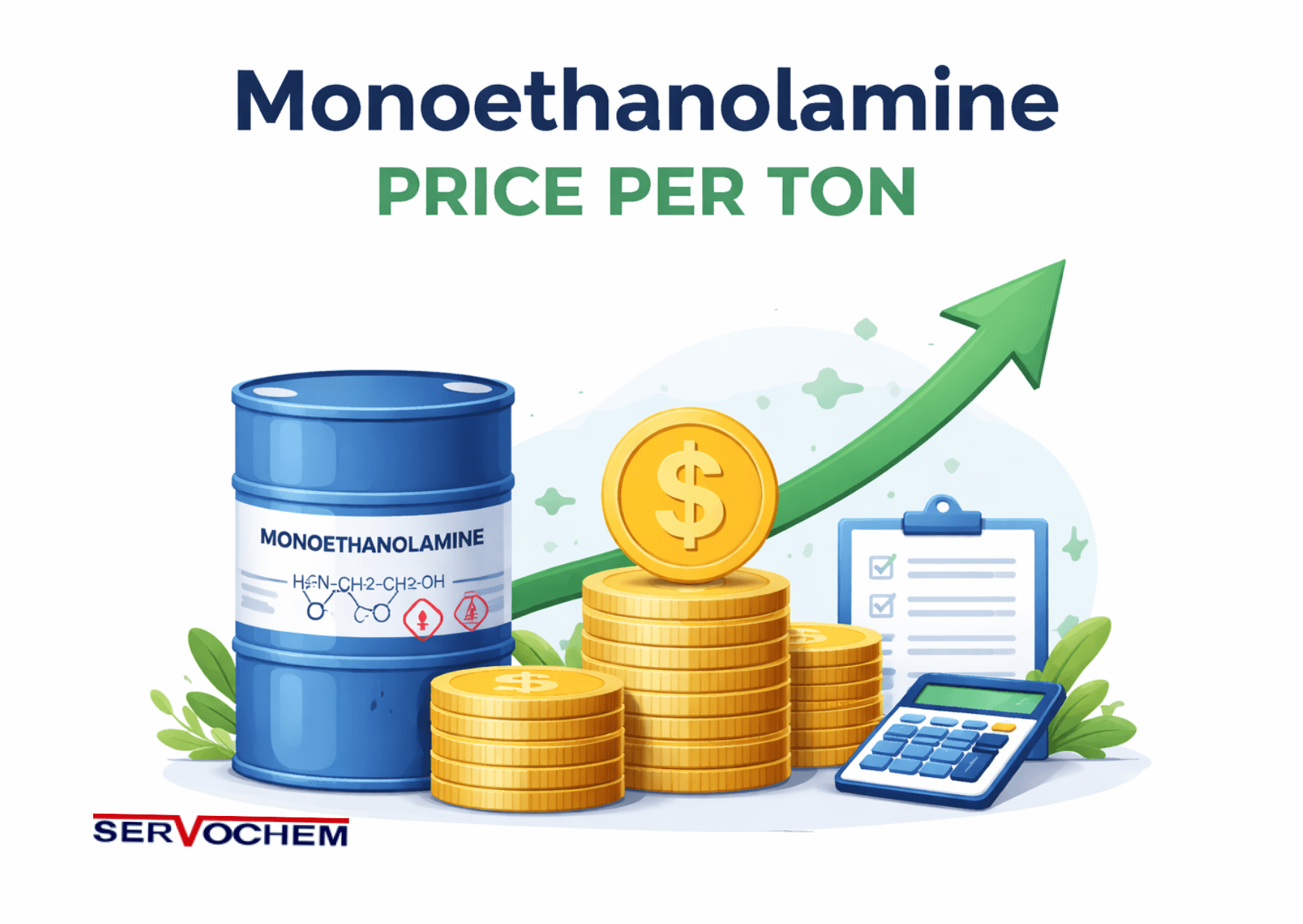 Minimal illustration showing monoethanolamine price per ton with chemical drum, coins, and upward market arrow.