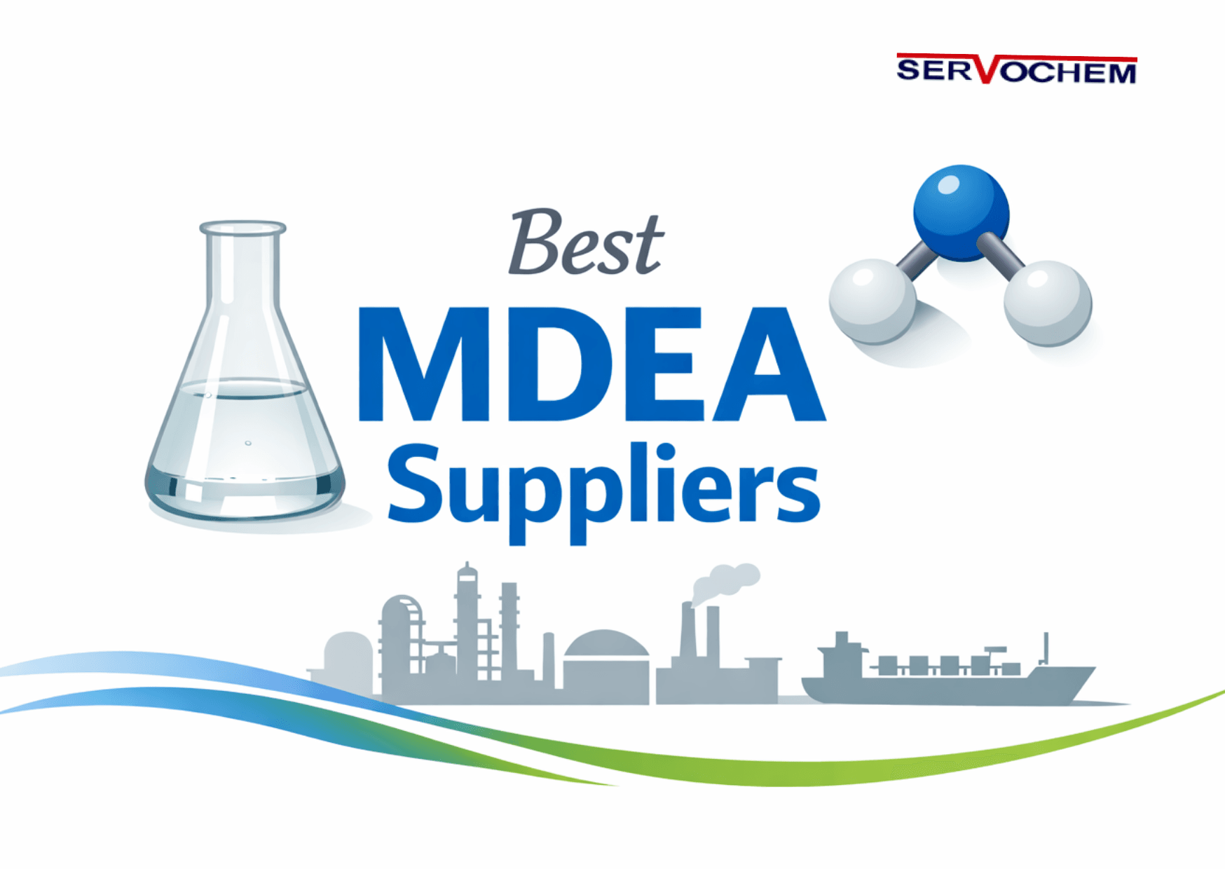 Minimal illustration representing best MDEA suppliers with chemical flask, molecular structure, and industrial supply chain icons.