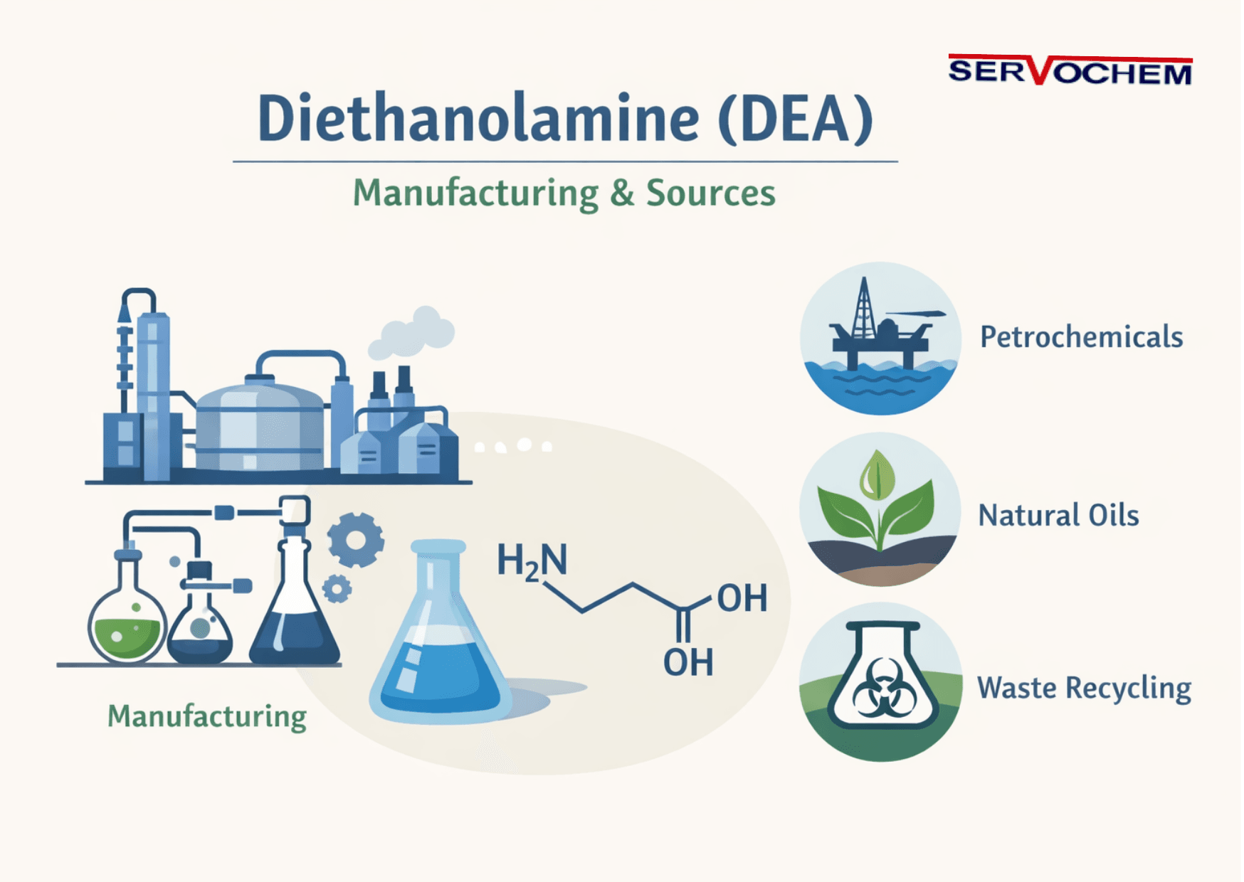 Diethanolamine-DEA manufacturing process and industrial raw material sources illustrated in a minimal chemical infographic.
