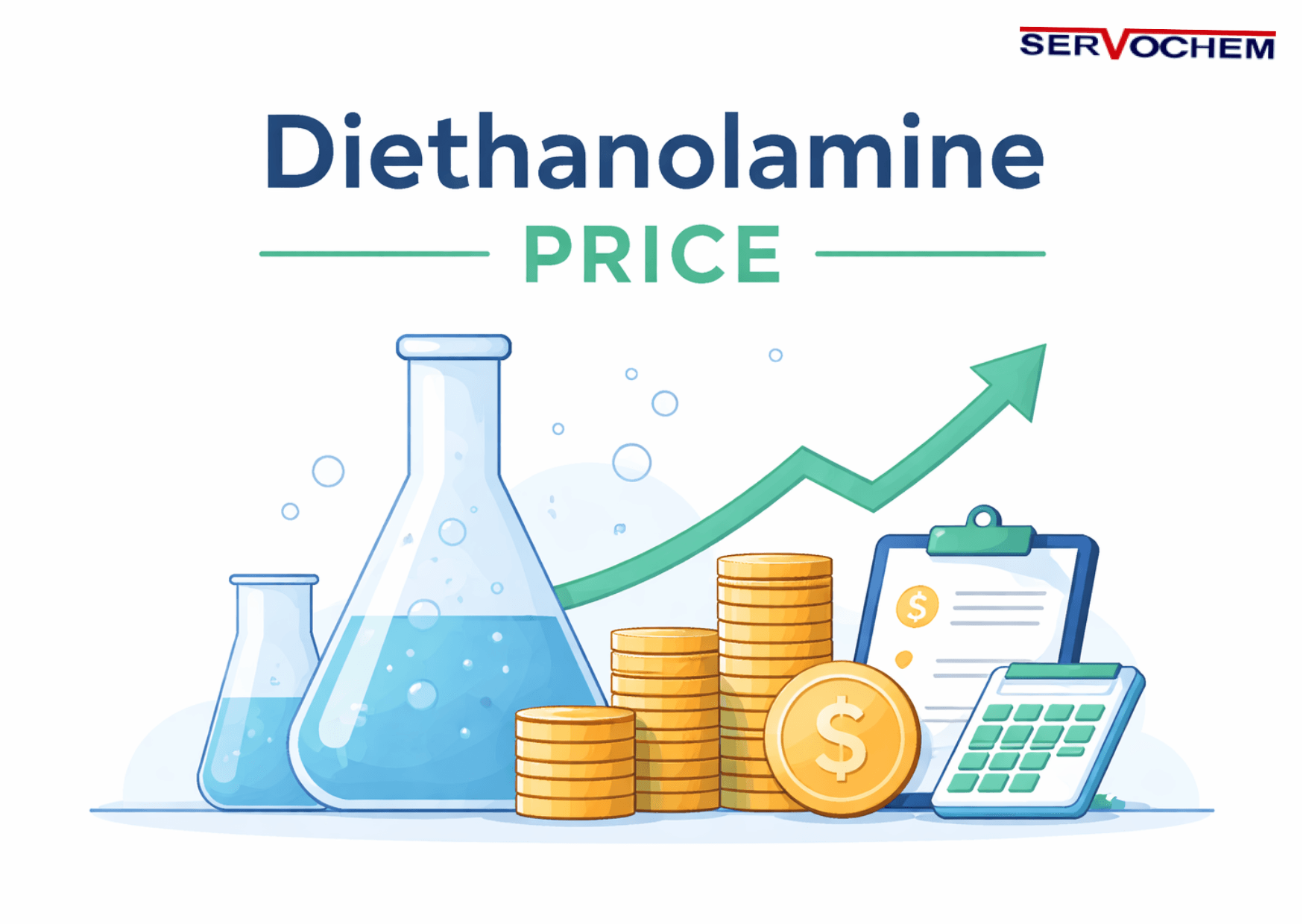 Minimal illustration showing Diethanolamine price trends with chemical lab glassware and cost indicators.