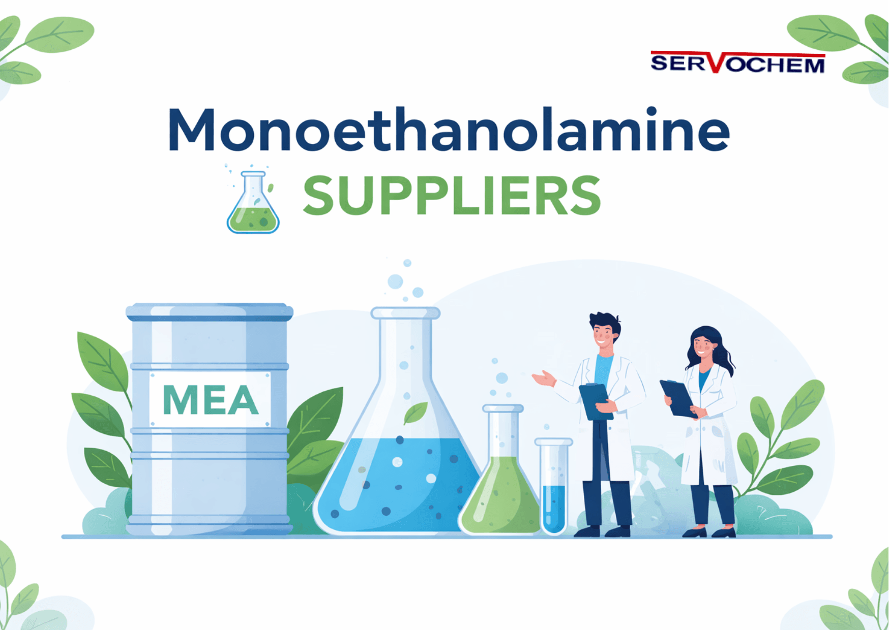 Minimal illustration of monoethanolamine suppliers with MEA barrel and lab equipment